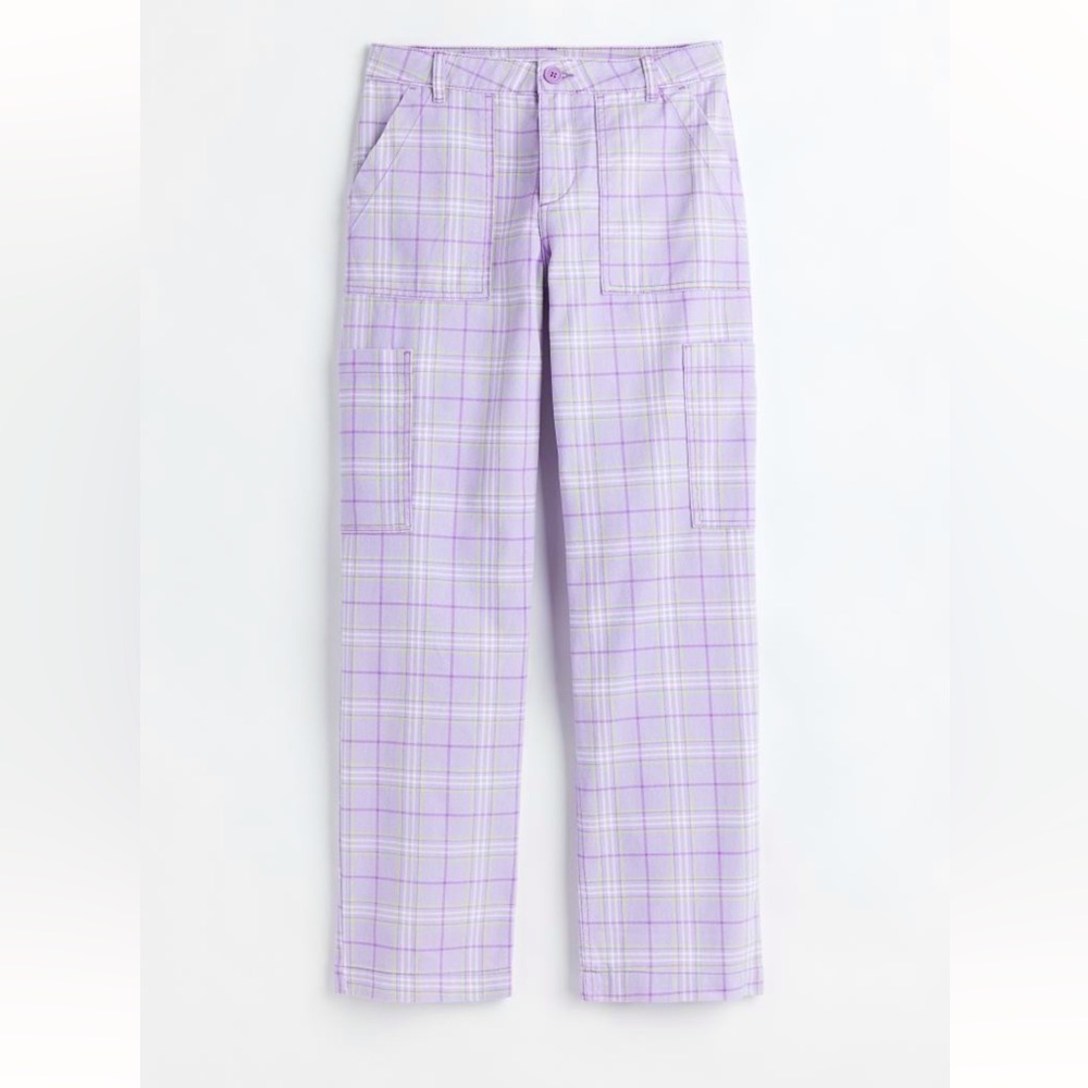 H&M Straight Low Cargo Jeans in Plaid Light Purple - Size 2